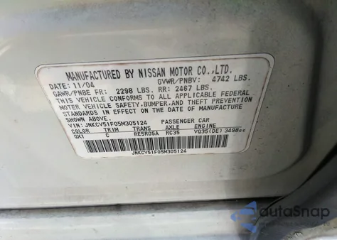 2005 Infiniti G35X z USA, uszkodzony, nr VIN JNKCV51F05M305124